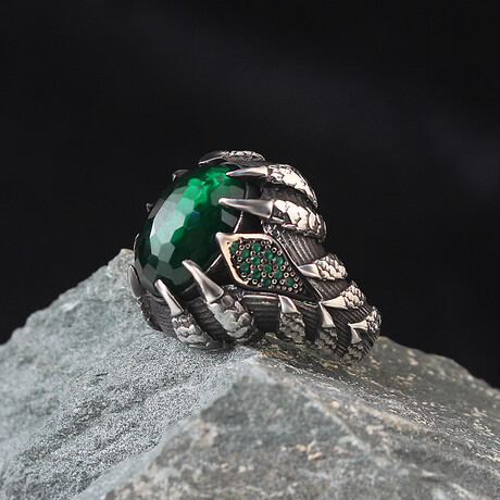 925 Sterling Silver Green Zircon Stone Claw Shape Ring // Silver + Green (6.5)