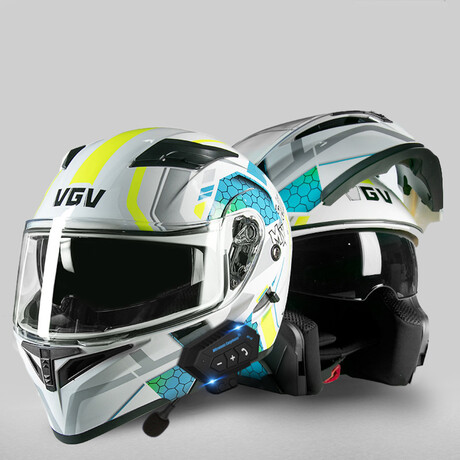 Bluetooth Motorcycle Helmet // Clear Visor // Silver + Neon Yellow (M)