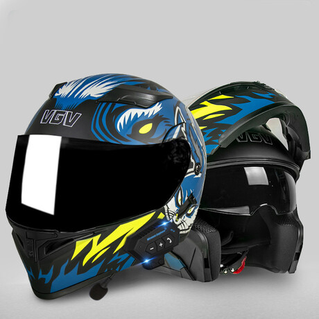 Bluetooth Motorcycle Helmet // Black Visor // Black + Neon Yellow + Blue (M)