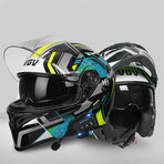 Bluetooth Motorcycle Helmet // Clear Visor // Silver + Neon Yellow + Turquoise (3XL)