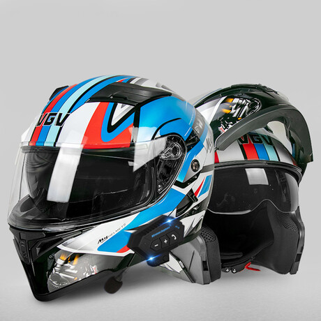 Bluetooth Motorcycle Helmet // Clear Visor // Red + White + Blue (M)