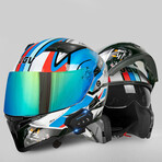 Bluetooth Motorcycle Helmet // Turquoise Visor // Red + White + Blue (XL)