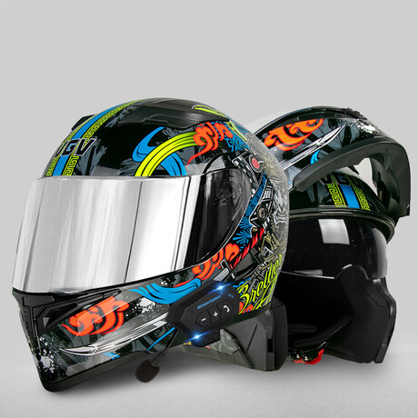 Bluetooth Motorcycle Helmet // Silver Visor // Black + Neon (M)