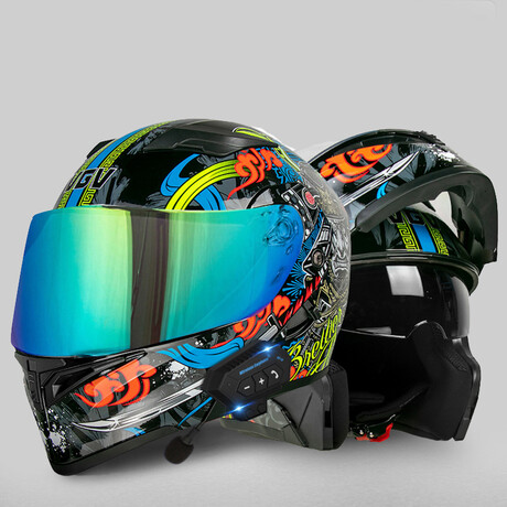 Bluetooth Motorcycle Helmet // Turquoise Visor // Black + Neon (M)