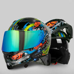 Bluetooth Motorcycle Helmet // Turquoise Visor // Black + Neon (L)