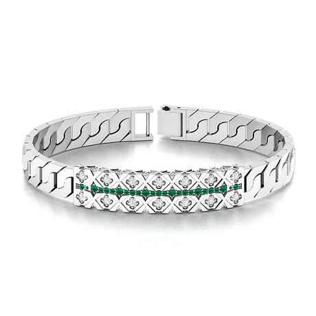 V2 Natural Emerald and SI Diamond Men's Open Box Clasp Bracelet // 14k White Gold