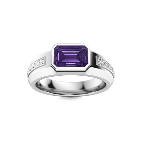 Amethyst And VS Diamond Men's Ring // 14k White Gold (Size:7)