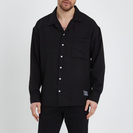 Linen Notched Collar Button-Up Shirt // Black (S)