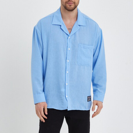 Linen Notched Collar Button-Up Shirt // Light-Blue (S)