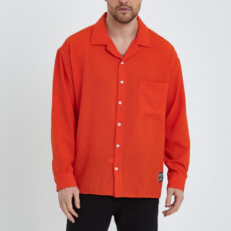 Linen Notched Collar Button-Up Shirt // Orange (S)