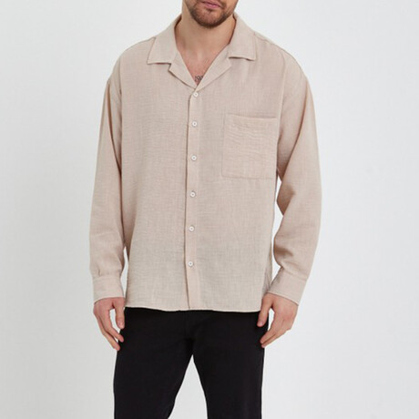 Linen Notched Collar Button-Up Shirt // Beige (S)