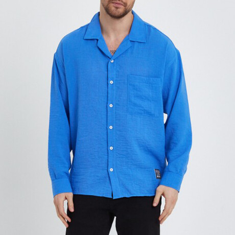 Linen Notched Collar Button-Up Shirt // Blue (S)