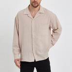 Linen Notched Collar Button-Up Shirt // Beige (S)