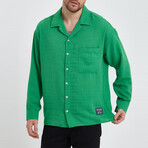 Linen Notched Collar Button-Up Shirt // Green (S)