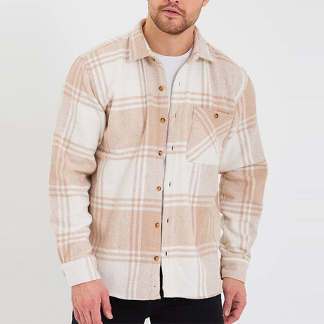 Checkered Shirt Jacket // Tan, White (S)