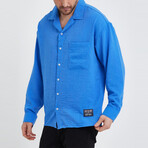 Linen Notched Collar Button-Up Shirt // Blue (S)