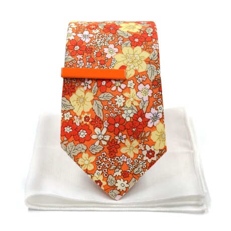 Floral Orange Blooms Tie Set // Traditional