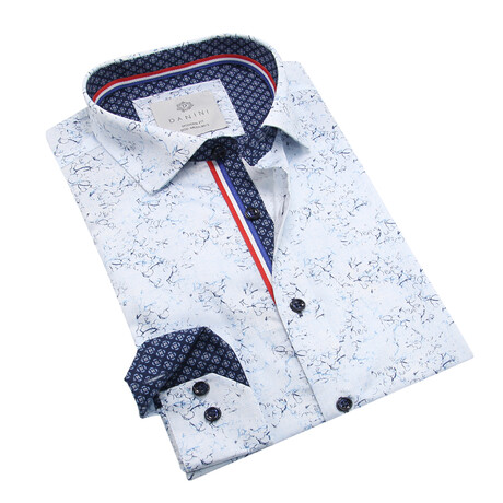 Danini // Contrast Print Long Sleeve Sport Shirt // Light Blue + Navy (S)