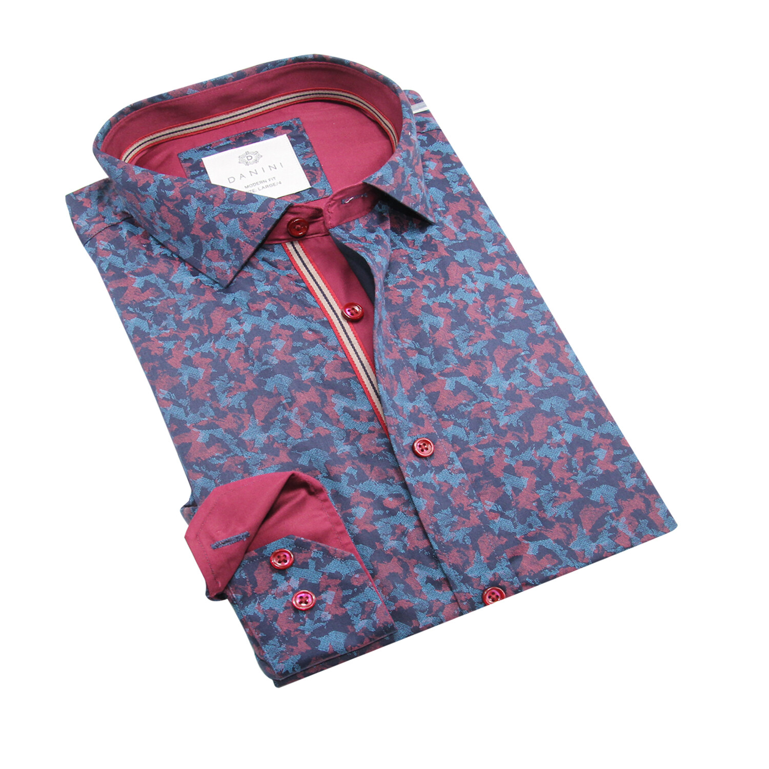 Danini // Abstract Print Long Sleeve Sport Shirt // Blue + Red (2XL ...