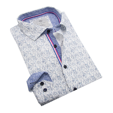 Danini // Botanical Print Long Sleeve Sport Shirt // White + Blue (S)