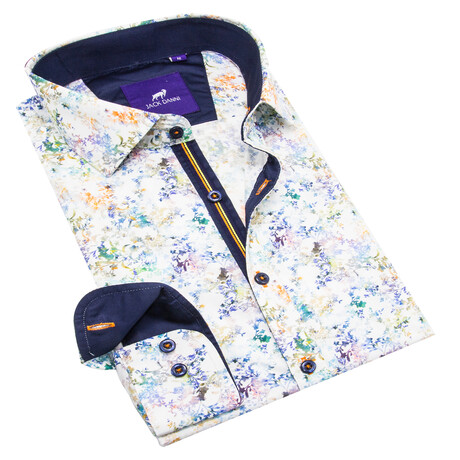 Jack Danni // Botanical Print Long Sleeve Sport Shirt // White + Multicolor (S)