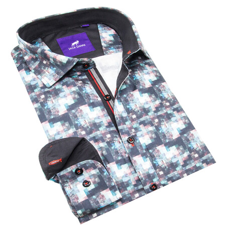 Jack Danni // Pixel Printed Long Sleeve Sport Shirt // Black + Multicolor (S)