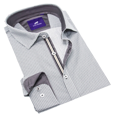 Jack Danni // Geometric Print Long Sleeve Sport Shirt // White + Gray (S)