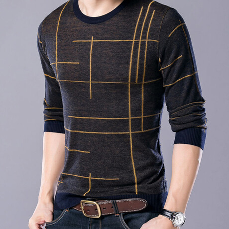 Contrast Lines O-Neck Sweater // Navy + Gold (M)