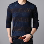 Thick Striped O-Neck Sweater // Blue + Gold (XL)