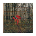 A Girl In A Red Kimono Feeds A Bird From Her Hand // Ievgeniia Bidiuk (34"H x 34"W x 1.5"D)