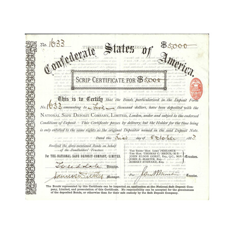 1883 Post-Civil War dated $5,000 Scrip Certificate - Confederate States of America