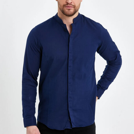 Alex Plain Front Banded Collar Button-Up // Navy Blue (S)