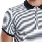 Carlos Striped Waffle Texture Zip-Up Polo // White + Black (M)