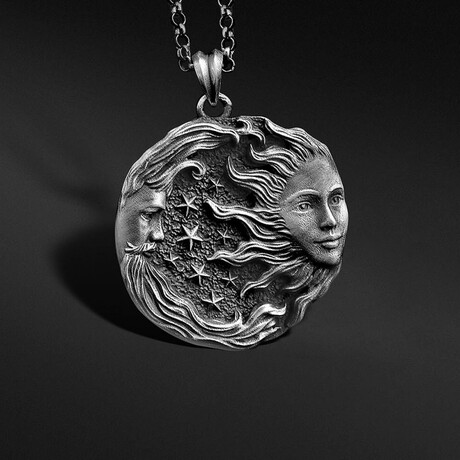 Sun + Moon Madallion Necklace // Oxidized Silver (20")