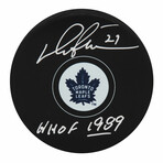 Darryl Sittler // Signed Maple Leafs Logo Hockey Puck w/HHOF 1989