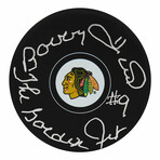 Bobby Hull // Signed Chicago Blackhawks Team Logo Hockey Puck w/The Golden Jet