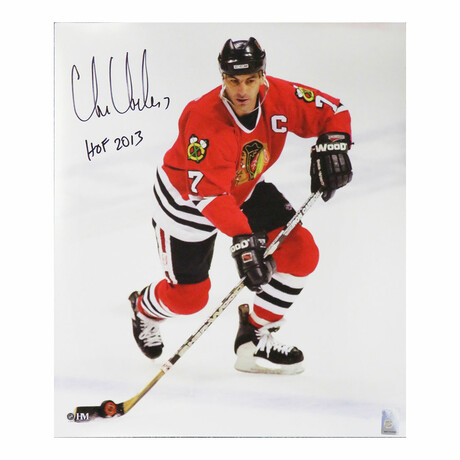 Chris Chelios // Signed Chicago Blackhawks With Puck Action 16x20 Photo w/HOF 2013