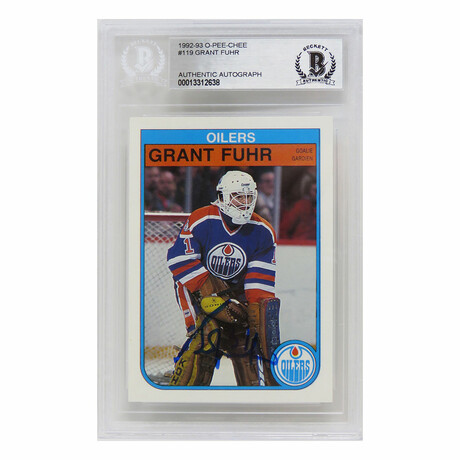 Grant Fuhr // Signed Edmonton Oilers 1992-93 O-Pee-Chee Hockey Trading Card #19 - (Beckett Encapsulated)