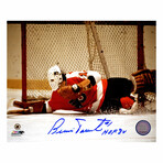 Bernie Parent // Signed Philadelphia Flyers Goalie Diving Save Action 8x10 Photo w/HOF'84