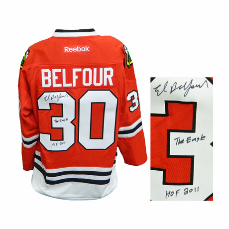 Ed Belfour // Signed Chicago Blackhawks Red Reebok Premier Hockey Jersey w/The Eagle, HOF 2011