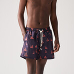 Sail Boat Print Swim Shorts // Black + Red (2XL)