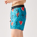 Joyful Watermelon Print Swim Shorts // Blue + Red + Black (L)