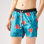 Joyful Watermelon Print Swim Shorts // Blue + Red + Black (L)