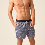 Sail Boat Print Swim Shorts // Blue + Orange + Pink (XL)