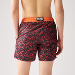 Chili Pepper Print Swim Shorts // Red + Black + Orange (L)