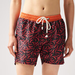 Chili Pepper Print Swim Shorts // Red + Black + Orange (S)