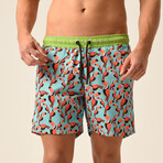 Toucan Print Swim Shorts // Blue + Orange + Multi (L)