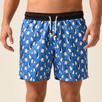 Penguin Print Swim Shorts // Blue + White + Black (XL)
