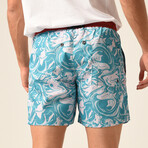 Abstract Swirl Print Swim Shorts // Blue + White + Brick (L)