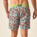 Toucan Print Swim Shorts // Blue + Orange + Multi (M)